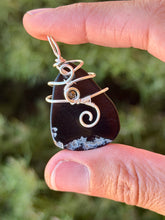 Load image into Gallery viewer, Black agate slice with pyrite gem accent wire wrapped pendant necklace