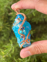 Load image into Gallery viewer, Aqua aura quartz cluster with lapis lazuli + magnesite gem accents wire wrapped pendant necklace