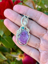 Load image into Gallery viewer, Pink cobalt calcite with moonstone + turquoise  gem accent wire wrapped pendant necklace