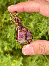 Load image into Gallery viewer, Pink cobalt calcite + ruby gem accent wire wrapped pendant necklace