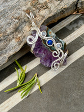 Load image into Gallery viewer, Amethyst stalactite with aquamarine + lapis lazuli gem accents wire wrapped pendant necklace