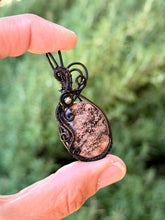 Load image into Gallery viewer, Flower obsidian with pyrite gem accent wire wrapped pendant necklace