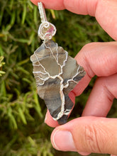 Load image into Gallery viewer, Gray Stripe Obsidian with Watermelon Tourmaline slice gem accent wire wrapped pendant necklace