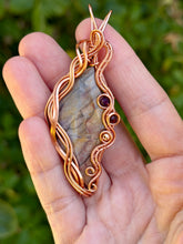 Load image into Gallery viewer, Artisan cab (positive rocks) purple imperial jasper with amethyst, garnet, hematite gem accents wire wrapped pendant necklace