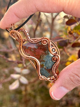 Load image into Gallery viewer, Reserved for Kylie n DESIGNER CAB + DUO TONED WIRE marcasite in agate with goldstone + pyrite inclusions Wire wrapped pendant