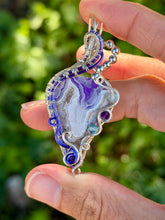 Load image into Gallery viewer, Artisan cab (positive rock) purple aurora opal plume agate doublet with amethyst, blue topaz gem accents wire wrapped pendant necklace