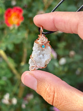 Load image into Gallery viewer, Snow druzy quartz with turquoise gem accents wire wrapped pendant necklace