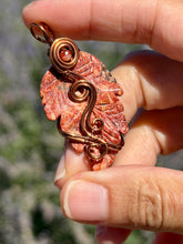 Load image into Gallery viewer, Leopard skin jasper leaf with carnelian gem accent wire wrapped pendant necklace