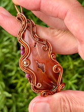 Load image into Gallery viewer, Artisan cab (positive rock) carnelian druzy with garnet + ruby + hematite gem accents wire wrapped pendant necklace