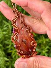 Load image into Gallery viewer, Artisan cab (positive rock) carnelian druzy with garnet + ruby + hematite gem accents wire wrapped pendant necklace