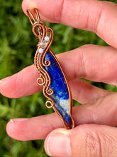 Load image into Gallery viewer, Lapis lazuli with Angelite + aquamarine gem accents wire wrapped pendant necklace