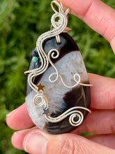 Load image into Gallery viewer, Black agate with sapphire + turquoise + star charms gem accents wire wrapped pendant necklace