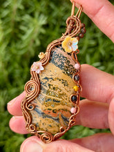 Load image into Gallery viewer, Artisan cab (positive rock) yellow ocean jasper with pink opal, zoisite, yellow mookaite gem accents wire wrapped pendant necklace