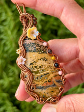 Load image into Gallery viewer, Artisan cab (positive rock) yellow ocean jasper with pink opal, zoisite, yellow mookaite gem accents wire wrapped pendant necklace