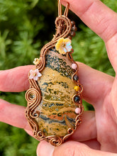 Load image into Gallery viewer, Artisan cab (positive rock) yellow ocean jasper with pink opal, zoisite, yellow mookaite gem accents wire wrapped pendant necklace