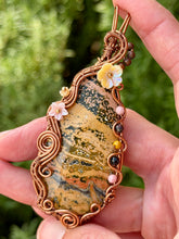 Load image into Gallery viewer, Artisan cab (positive rock) yellow ocean jasper with pink opal, zoisite, yellow mookaite gem accents wire wrapped pendant necklace