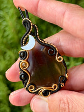 Load image into Gallery viewer, Artisan cab (positive rock) black lace obsidian with snowflake obsidian, citrine, mother of pearl moon gem accent wire wrapped pendant necklace