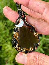 Load image into Gallery viewer, Artisan cab (positive rock) black lace obsidian with snowflake obsidian, citrine, mother of pearl moon gem accent wire wrapped pendant necklace