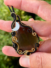 Load image into Gallery viewer, Artisan cab (positive rock) black lace obsidian with snowflake obsidian, citrine, mother of pearl moon gem accent wire wrapped pendant necklace