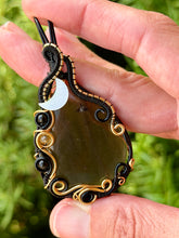 Load image into Gallery viewer, Artisan cab (positive rock) black lace obsidian with snowflake obsidian, citrine, mother of pearl moon gem accent wire wrapped pendant necklace