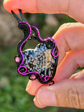 Load image into Gallery viewer, Snowflake obsidian with pink agate + onyx gem accents wire wrapped pendant necklace