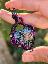 Load image into Gallery viewer, Snowflake obsidian with pink agate + onyx gem accents wire wrapped pendant necklace