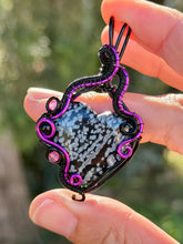 Load image into Gallery viewer, Snowflake obsidian with pink agate + onyx gem accents wire wrapped pendant necklace