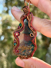 Load image into Gallery viewer, Artisan cab (positive rock) Indian bloodstone with malachite, garnet, mookaite gem accents wire wrapped pendant necklace