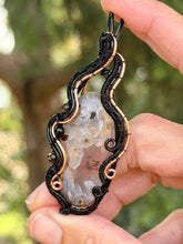 Load image into Gallery viewer, Turkish stick agate with obsidian + onyx gem accents wire wrapped pendant necklace