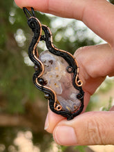 Load image into Gallery viewer, Turkish stick agate with obsidian + onyx gem accents wire wrapped pendant necklace