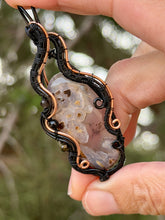 Load image into Gallery viewer, Turkish stick agate with obsidian + onyx gem accents wire wrapped pendant necklace