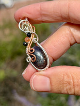 Load image into Gallery viewer, Artisan cab Bloodshot Iolite (sunstone/iolite) with rutile quartz + sunstone gem accents wire wrapped pendant necklace