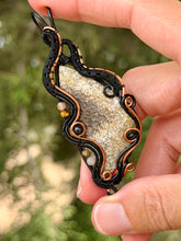 Load image into Gallery viewer, Artisan cab (positive rock) fossilized coral with peach moonstone, tiger eye, black tourmaline gem accents wire wrapped pendant necklace
