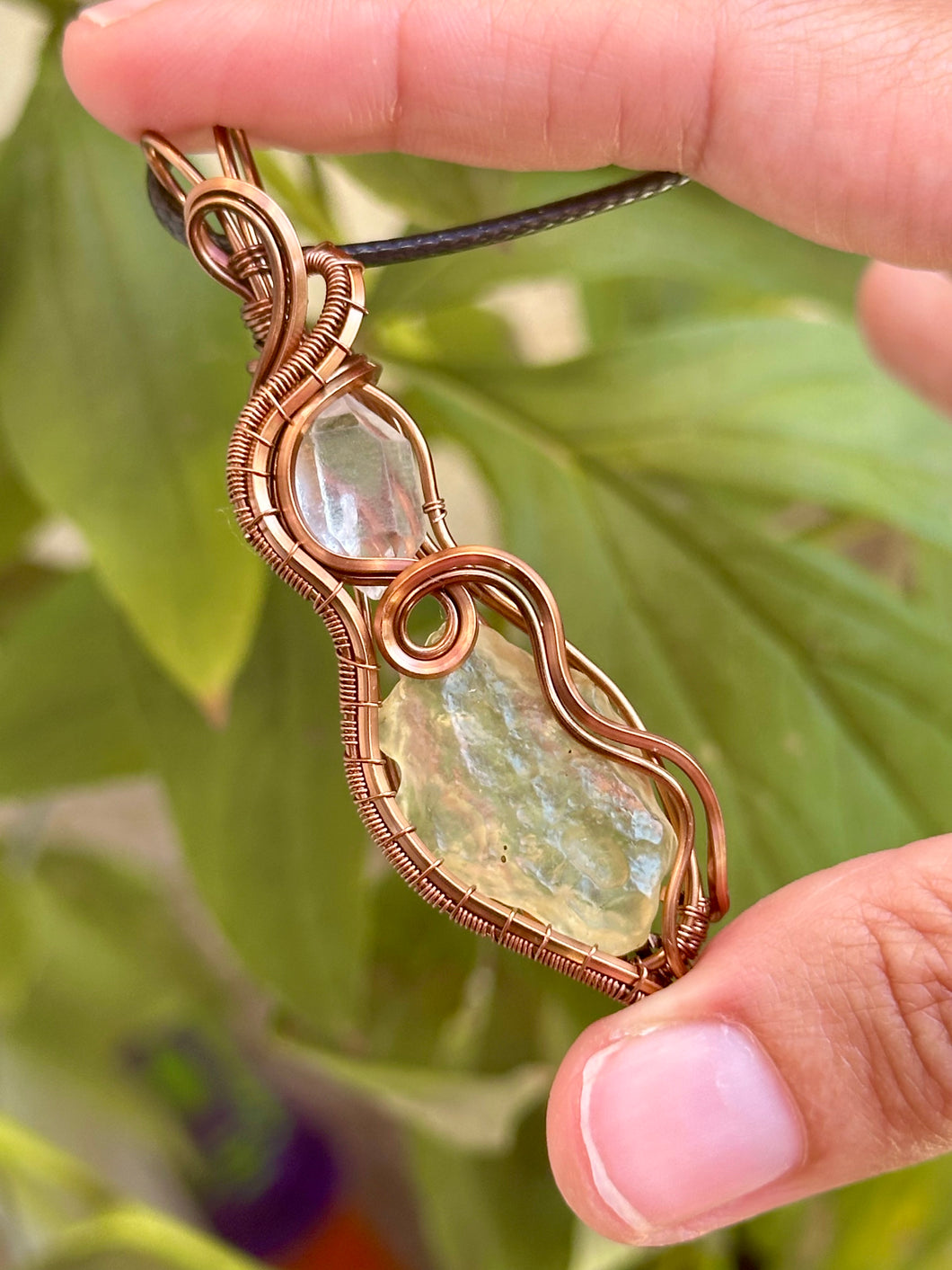 Herkimer diamond with Libyan desert glass wire wrapped pendant talisman necklace