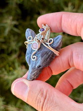 Load image into Gallery viewer, Sodalite wolf with amethyst + lepidolite gem accents wire wrapped pendant necklace
