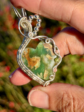 Load image into Gallery viewer, Chrysoprase with rhodochrosite + peridot gem accents wire wrapped pendant necklace
