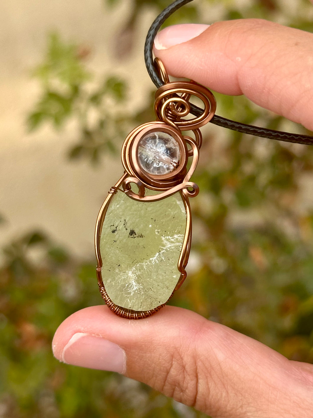Prehnite with crackle quartz  gem accent wire wrapped pendant talisman necklace