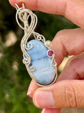 Load image into Gallery viewer, Blue owyhee opal with mother of pearl + ruby gem accents wire wrapped pendant necklace
