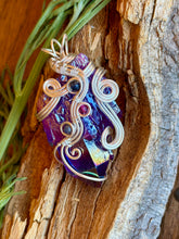 Load image into Gallery viewer, Purple aura quartz cluster with sapphire and raspberry jade gem accent wire wrapped pendant necklace
