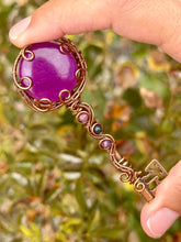Load image into Gallery viewer, Purple Onyx with Pink tourmaline + Dumortierite gem accents wire wrapped pendant talisman necklace
