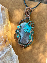 Load image into Gallery viewer, Reserved for Steph k DESIGNER CAB + DUO TONED WIRE Chrysocolla with turquoise + aquamarine inclusions  Wire wrapped pendant
