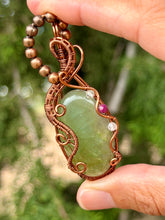 Load image into Gallery viewer, Aquamarine with white topaz + ruby gem accents wire wrapped pendant necklace
