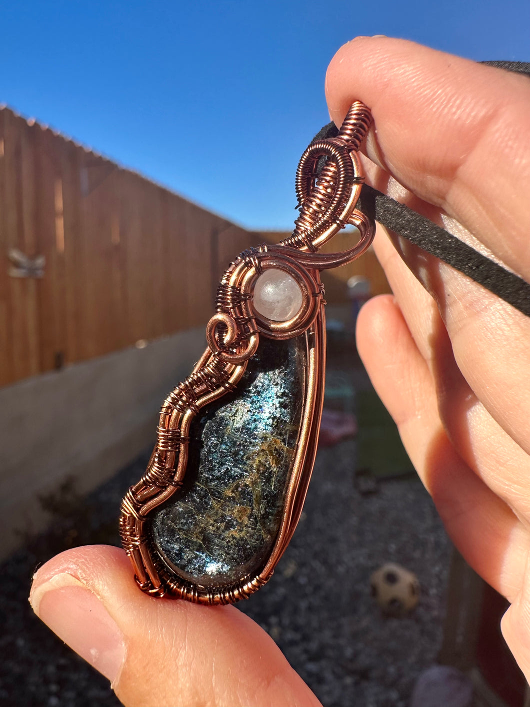 Reserved for Trish s Blue Kyanite with Gem Inclusions Wire Wrapped Pendent Necklace