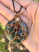 Load image into Gallery viewer, Moss agate with moonstone inclusion wire wrapped pendant talisman necklace
