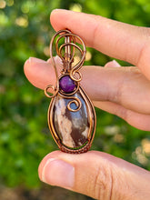 Load image into Gallery viewer, Coconut jasper with raspberry jade gem accents wire wrapped pendant necklace
