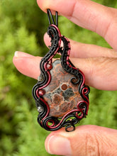 Load image into Gallery viewer, Artisan cab (johari gems) peanut obsidian with rutile quartz + garnet gem accents wire wrapped pendant necklace

