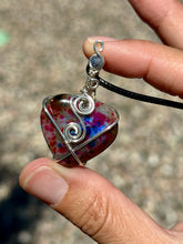 Load image into Gallery viewer, Speckled (enhanced) Labradorite with sapphire inclusion wire wrapped pendant necklace
