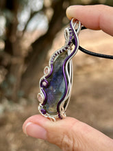 Load image into Gallery viewer, Reserved for Cassandra h DUO TONED WIRE Spectrolite Labradorite with strawberry quartz + phosphosiderite inclusions  wire wrapped pendant
