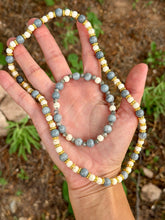 Load image into Gallery viewer, White magnesite + blue dragon vein agate 18” stretch necklace + 7” bracelet set
