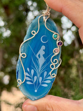 Load image into Gallery viewer, Artisan cab (Marina rabinskaya) blue agate goddess moon with turquoise, amethyst, strawberry quartz gem accents wire wrapped pendant necklace
